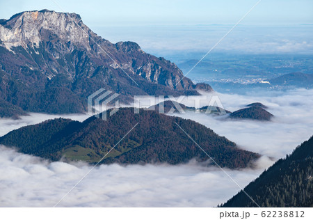 Autumn Alps mountain misty morning view, Schonau am Konigssee, Berchtesgaden national park, Germany. Autumn Alps mountain misty morning view, Schonau am Konigssee, Berchtesgaden national park, Germany. 62238812