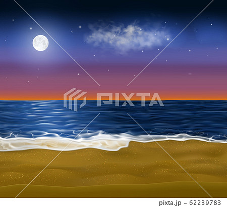 Realistic paradise coast early at morning. Vector sandy beach under the sunrise sky with moon still 62239783