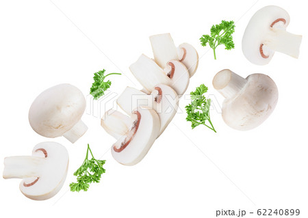 Fresh mushrooms and slices isolated on white background with copy space for your text. Top view. Flat lay. 62240899