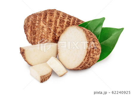 fresh taro root with slices and leaf isolated on white background 62240925