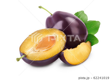 fresh purple plum and half with leaves isolated on white background with clipping path and full depth of field 62241019