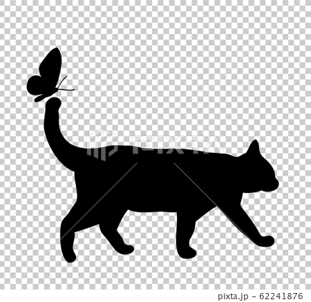 シルエット 動物 猫 ちょうちょと散歩のイラスト素材