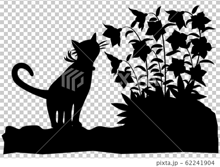 シルエット 動物 猫 猫と桔梗のイラスト素材