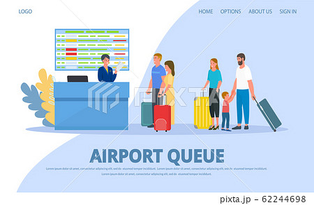 Airport, queue to check in registration desk, people passengers vector illustration web. 62244698