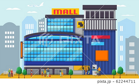 Shopping mall center vector illustration. Different people buyers shoppers couples families men women standing outside in front of modern emporium building facade. 62244711