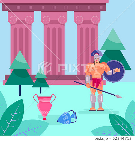 Gladiator warrior fighter in armor with shield vector illustration flat. Greek roman historical character man weapons. Ancient Greece or Rome. Colonne, amphoras. 62244712