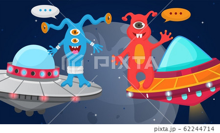 Aliens cartoon happy monsters flying in space in ships vector illustration. Cute monstrous characters in cosmos kids halloween design. Ufo, planets, stars. 62244714