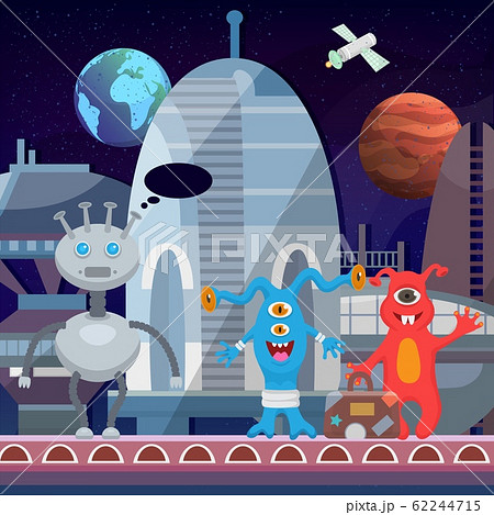 Aliens cartoon happy monsters at cosmoport spaceship vector illustration. Cute monstrous welcoming funny characters kids halloween card poster design. 62244715