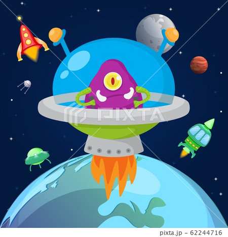 Alien one eyed monster flying in space in spaceship vector illustration. Cartoon cute monstrous character in cosmos kids halloween design. Ufo, planets, stars, satellites. 62244716