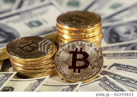 Pile bitcoin btc bit-coin lie on hundred-dollar - Stock Photo ...