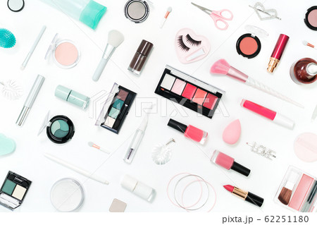 Beauty makeup tools and brushes on white flat lay Beauty makeup tools and brushes on white flat lay 62251180