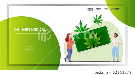man woman holding smartphone with cannabis leaves people ordering marijuana drug consumption online hemp plant order concept horizontal mobile app full length copy space 62251272