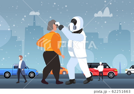 man in hazmat suit checking temperature of sick woman walking outdoor spreading coronavirus infection epidemic MERS-CoV virus wuhan 2019-nCoV pandemic health risk concept full length horizontal man in hazmat suit checking temperature of sick woman walking outdoor spreading coronavirus infection epidemic MERS-CoV virus wuhan 2019-nCoV pandemic health risk concept full length horizontal 62251663