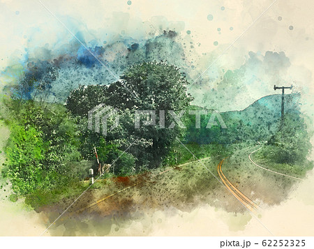 Abstract tree and field landscape in Thailand on watercolor illustration painting background. Abstract tree and field landscape in Thailand on watercolor illustration painting background. 62252325