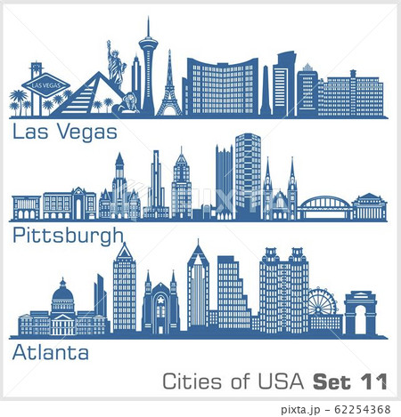 Cities of USA - Las Vegas, Pittsburgh, Atlanta. Detailed architecture. Trendy vector illustration. 62254368