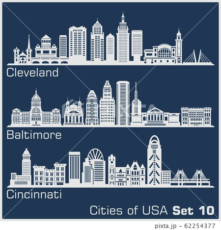 Cities of USA - Cleveland, Baltimore, Cincinnati. Detailed architecture. Trendy vector illustration. 62254377