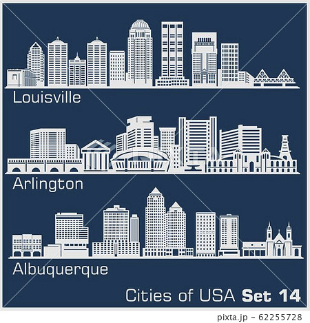 Cities of USA - Louisville, Arlington, Albuquerque. Detailed architecture. Trendy vector illustration. 62255728