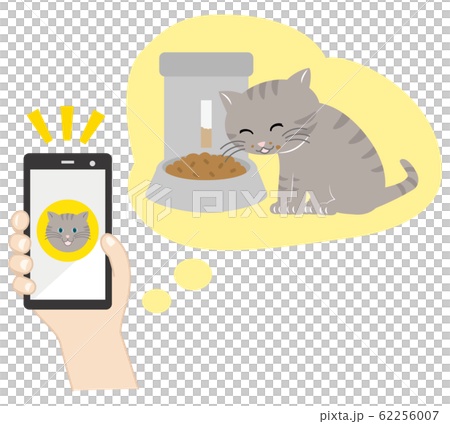 自動給餌器で餌を食べる猫とスマホのイラスト素材