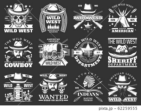 Cowboys, skulls and sheriffs with hats. Wild West 62259555