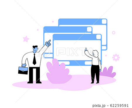 Man and woman standing in front of big interface windows. Communication, negotiation, deadline concept. Flat vector illustration. Isolated on white background. Man and woman standing in front of big interface windows. Communication, negotiation, deadline concept. Flat vector illustration. Isolated on white background. 62259591