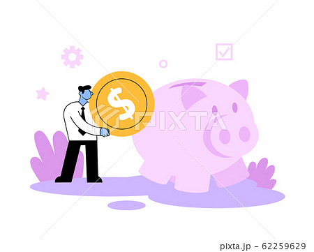 Businessmen putting a big cooin into the piggy bank. Income and savings concept. Flat vector illustration. Isolated on white background. 62259629