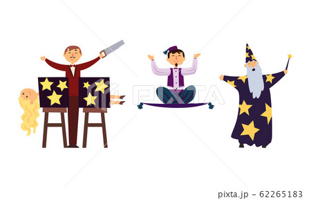 Circus Magicians Characters Performing Tricks at Magic Show Set Vector Illustration Circus Magicians Characters Performing Tricks at Magic Show Set Vector Illustration 62265183