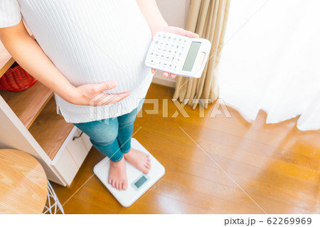 体重計に乗る妊婦 電卓 体重管理 体重計に乗る妊婦 電卓 体重管理 62269969
