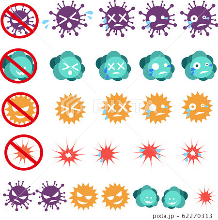 イラスト素材 ウイルスセット 弱っている 菌 微生物 細胞 病 表情 ベクターのイラスト素材