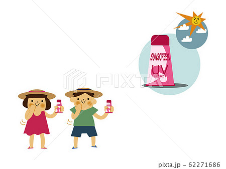 日焼け止めを塗る男の子と女の子のイラスト 夏のクリップアート のイラスト素材