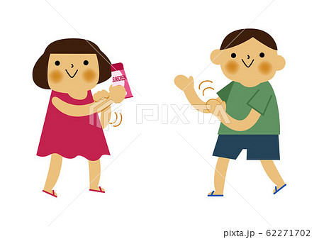 日焼け止めを塗る男の子と女の子のイラスト 夏のクリップアート のイラスト素材
