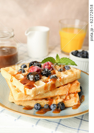 Composition of breakfast with belgian waffles, Composition of breakfast with belgian waffles, 62272658