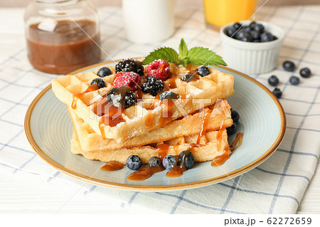 Composition of breakfast with belgian waffles, 62272659