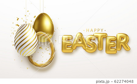Happy Easter lettering background with 3D realistic golden glitter decorated eggs, confetti. Vector illustration 62274048