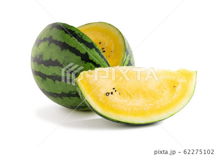 Sliced yellow watermelon isolated on a white background. Saved paths for cutting with and without shadow Sliced yellow watermelon isolated on a white background. Saved paths for cutting with and without shadow 62275102