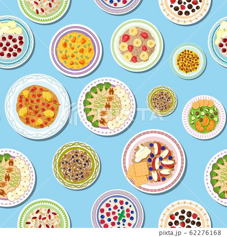 Breakfast with porridge, fruits, berries and healthy morning seamless vector pattern illustration. Breakfast with porridge, fruits, berries and healthy morning seamless vector pattern illustration. 62276168