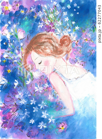 ブルーの花に囲まれた女の子のイラスト素材