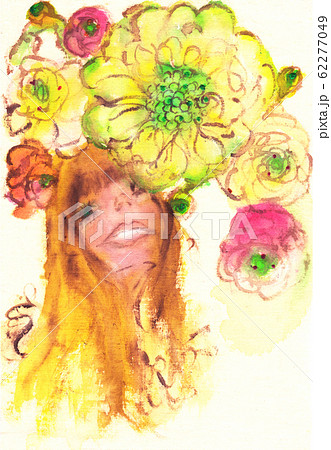 スカビオサとラナンキュラスの花に囲まれた女の子のイラスト素材