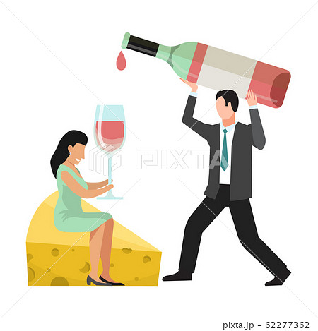 People wine tasting concept. Huge bottle, wineglass, cheese and tiny characters vector illustration. Man pours wines into a giant glass for woman sitting on big cheese piece People wine tasting concept. Huge bottle, wineglass, cheese and tiny characters vector illustration. Man pours wines into a giant glass for woman sitting on big cheese piece 62277362