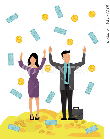 Rich business couple money rain vector illustration. Man and woman financial success. Happy successful businessmen money shower 62277380