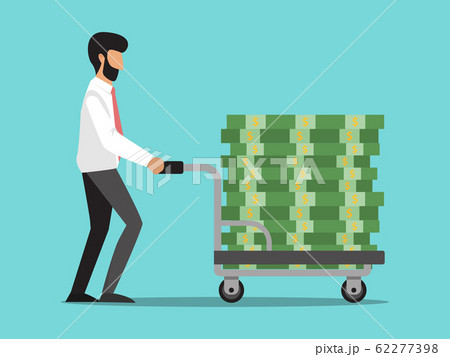 Business man with wheelbarrow full of cash vector illustration. Businessman pushing cart with money. 62277398