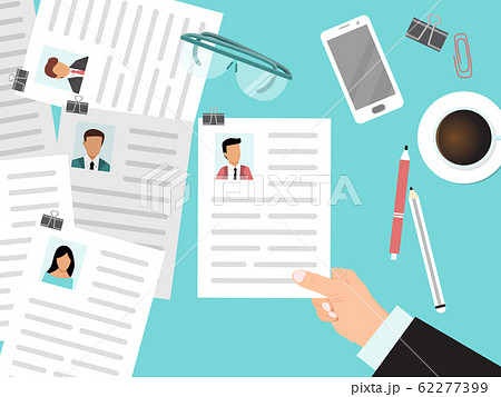 Recruitment with cv view from the top concept. HR manager looks through resumes of employees. Business man looking for company employee by curriculum vitae Recruitment with cv view from the top concept. HR manager looks through resumes of employees. Business man looking for company employee by curriculum vitae 62277399
