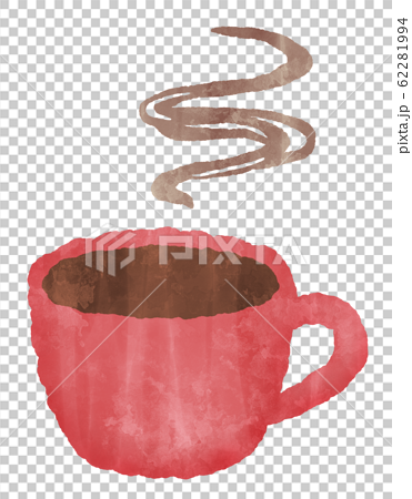 ホットコーヒーのイラスト 赤いマグカップ 水彩風のイラスト素材