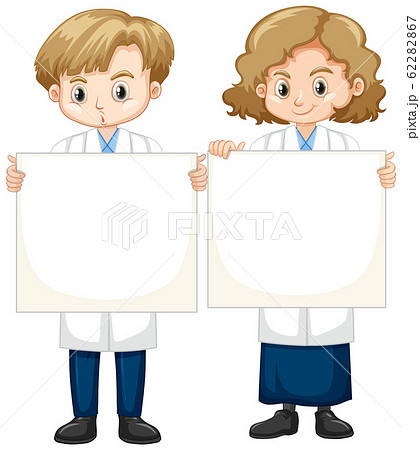 Boy and girl in science gown standing on white 62282867