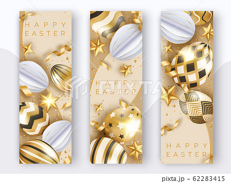 Three Easter vertical banners with realistic golden decorated eggs, ribbons, stars and balls. Easter card illustration on light background 62283415
