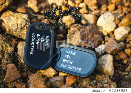 Military tag placed on the rock in forest. Concept of soldier sacrifice and armistice. 62283923