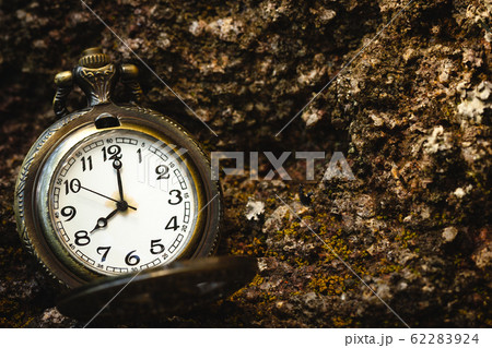 Vintage old pocket watch placed on the rock in forest and morning sunlight. At 8 oclock. Closeup and copy space. 62283924