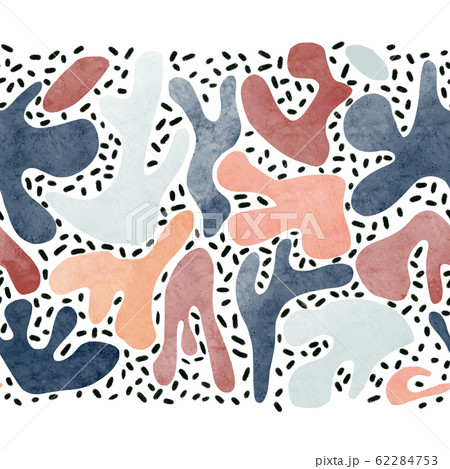 Seamless abstract watercolor shapes border. Contemporary collage shapes pink red purple blue black 62284753