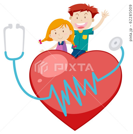 Happy boy and girl on big red heart 62285009