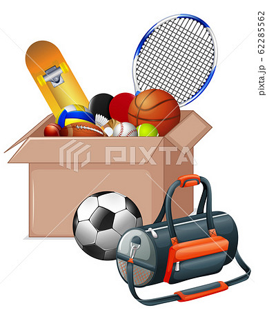 Cardboard box full of sport equipments on white Cardboard box full of sport equipments on white 62285562