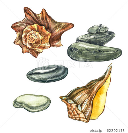 Sea stones and shells. Set of watercolor gray beige stones isolated on white background. SPA concept. Can be used as background for web pages wedding invitations, greeting cards, postcards, patterns 62292153